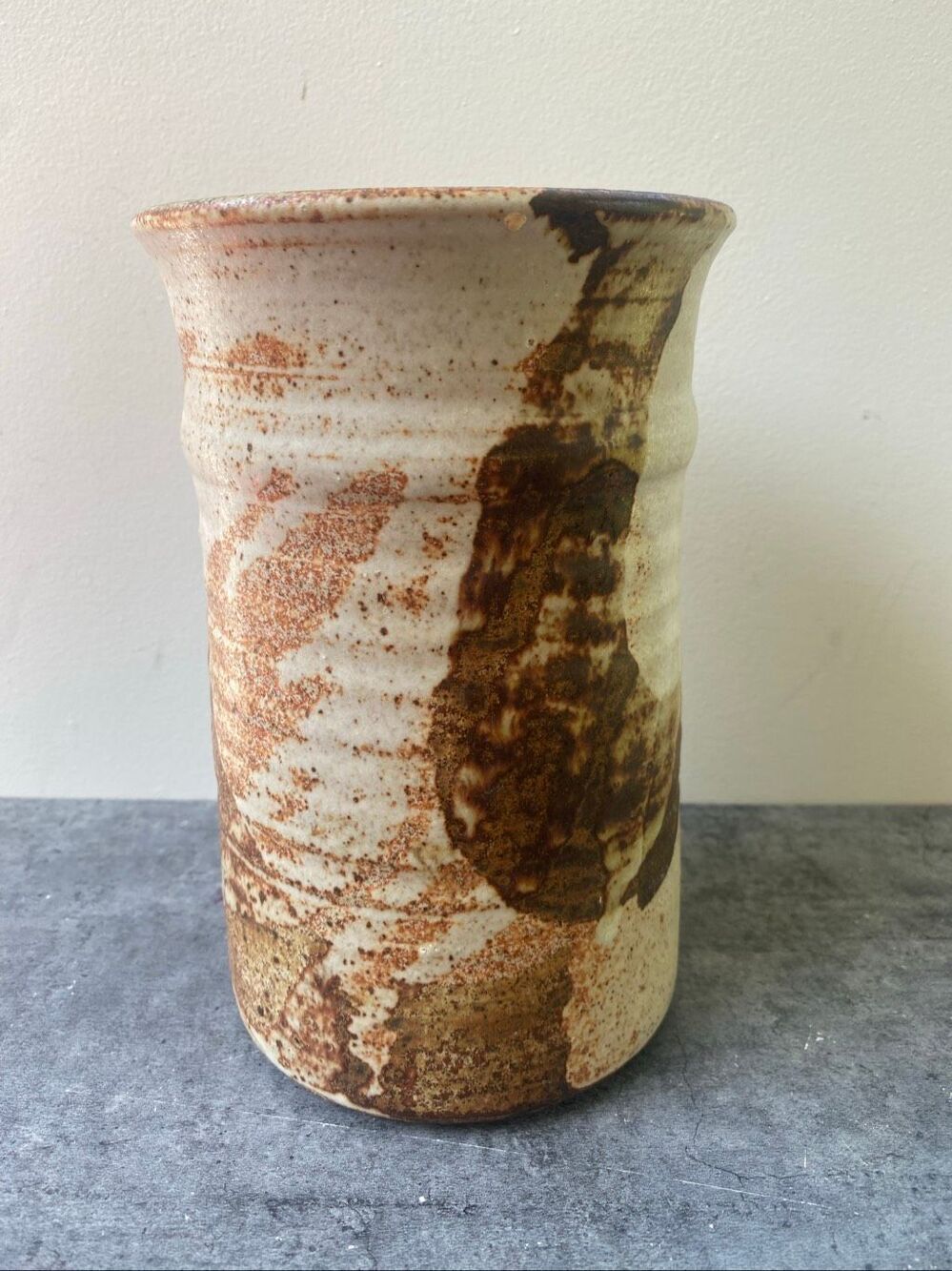 Vintage 1984 Studio Pottery Vase Abstract Glaze Brown Organic Rustic Modern